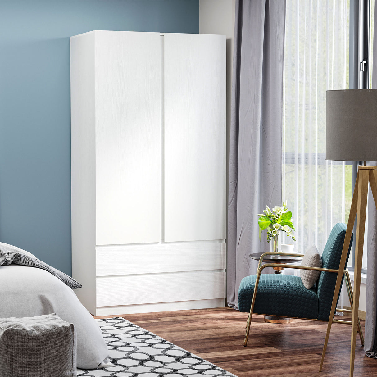 easycomfort easycomfort armadio guardaroba in truciolato bianco con appendiabiti e 2 cassetti scorrevoli per camere da letto 100x60x200 cm