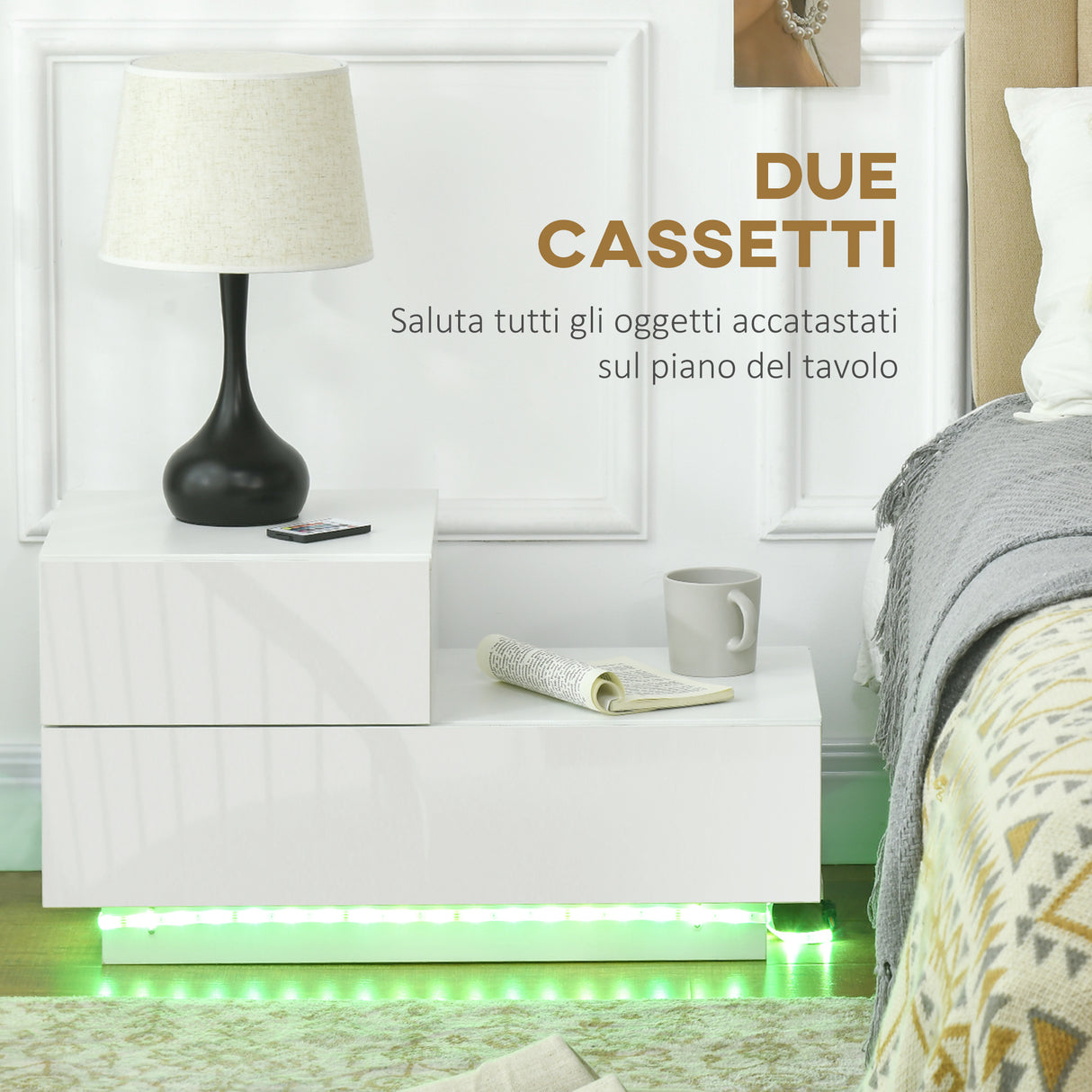 easycomfort easycomfort comodino moderno con 16 luci led rgb telecomando e due cassetti in truciolato 70x37x38cm bianco