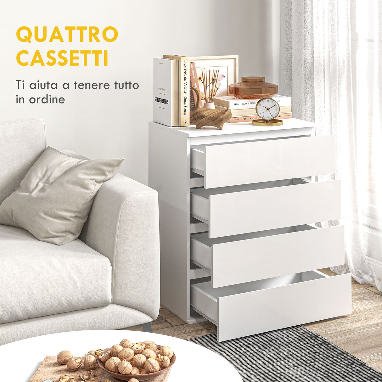 easycomfort easycomfort cassettiera 4 cassetti in truciolato con guide in metallo e maniglie scanalate 60x40x80 cm bianco