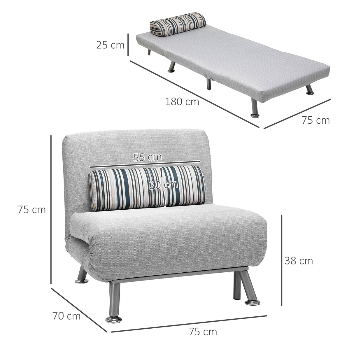 easycomfort easycomfort poltrona letto in ferro e cotone con cuscino a righe 75 x 70 x 75cm grigio ean 8055776914640