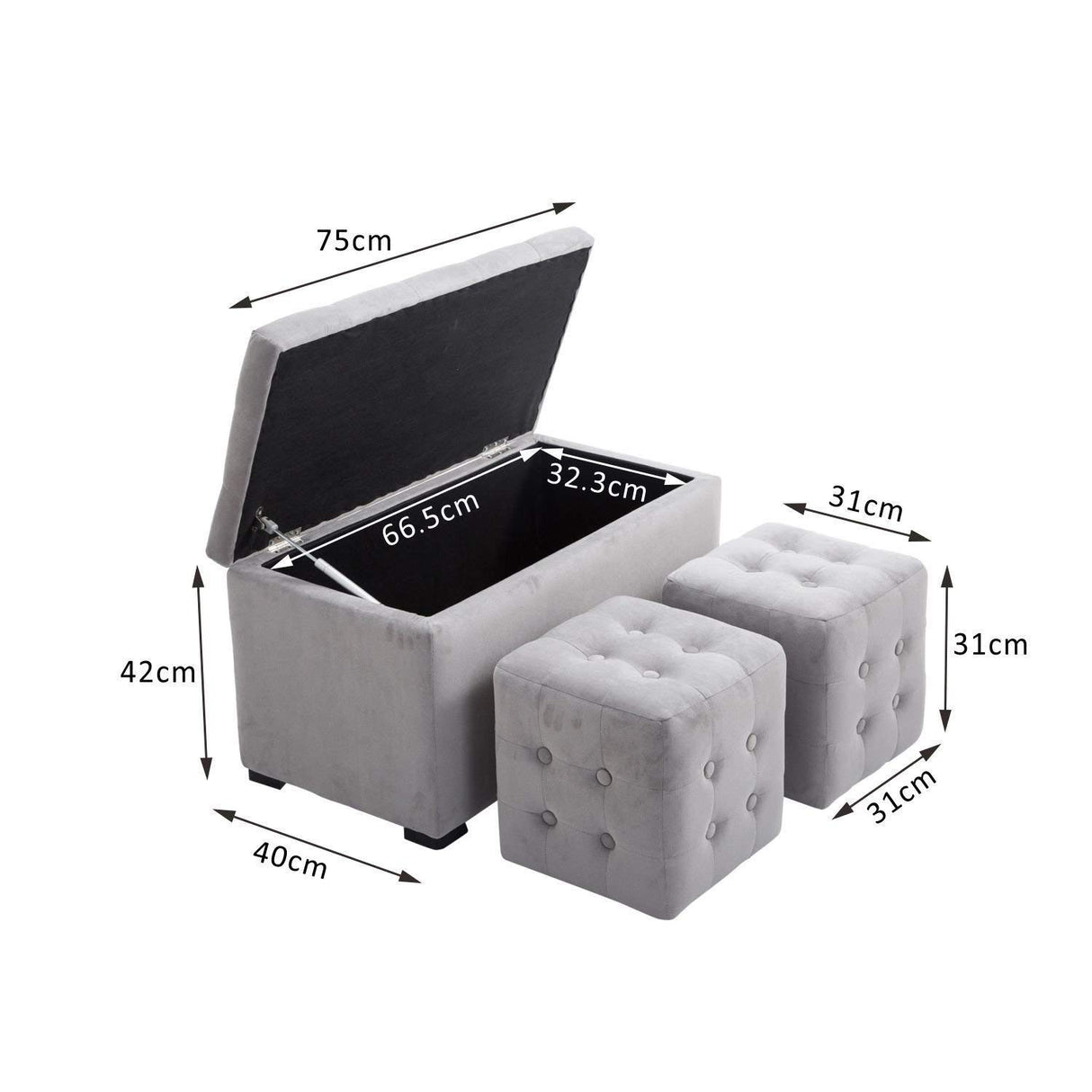 easycomfort easycomfort cassapanca portaoggetti multiuso con 2 sgabelli pouf in velluto grigio perla ean 8055776914008