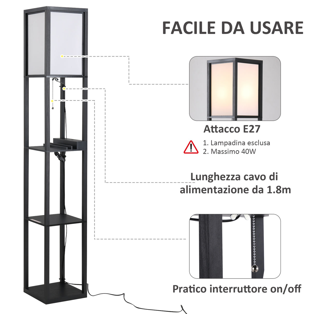 easycomfort easycomfort lampada da terra con 3 mensole e 2 porte usb attacco lampadine e27 26x26x160cm nero ean 8054144133096
