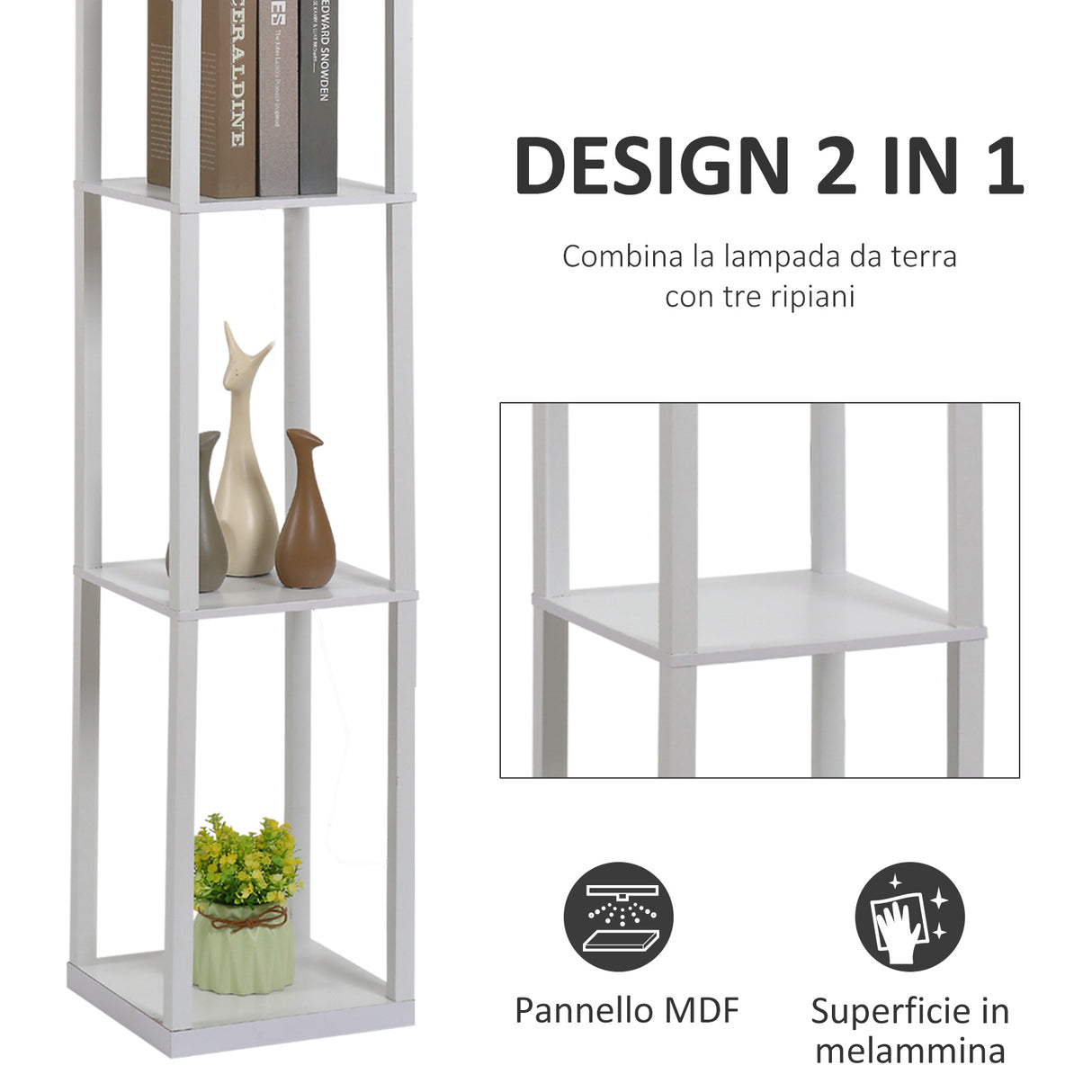 easycomfort easycomfort lampada da terra con 3 mensole integrate attacco e27 potenza 40w arredamento moderno in mdf 26x26x160cm bianco