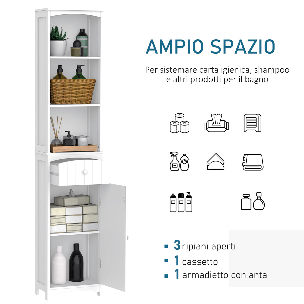 easycomfort easycomfort mobiletto a colonna bagno salvaspazio in mdf bianco armadietto bagno multifunzione per camera con 3 ripiani 34x24x170cm ean 8054111847384