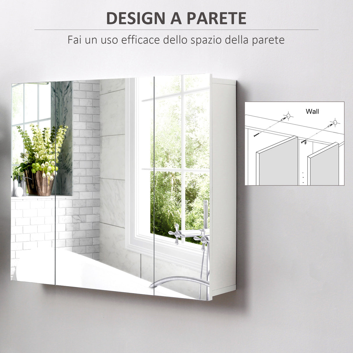 easycomfort easycomfort armadietto bagno con 3 ante specchiate e ripiani regolabili 70x15x60cm bianco