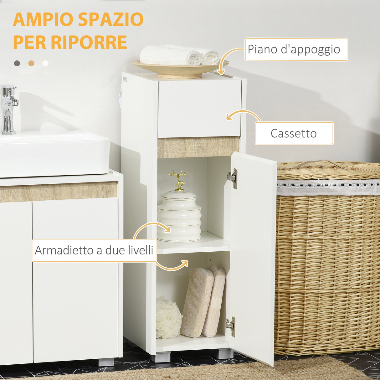 easycomfort easycomfort mobiletto bagno con cassetto e armadietto con mensola regolabile in legno 30x33x88cm bianco
