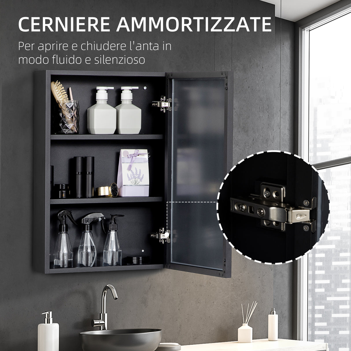 easycomfort easycomfort specchiera bagno in acciaio con armadietto a 3 ripiani e chiusura ammortizzata 40x12x60 cm nero