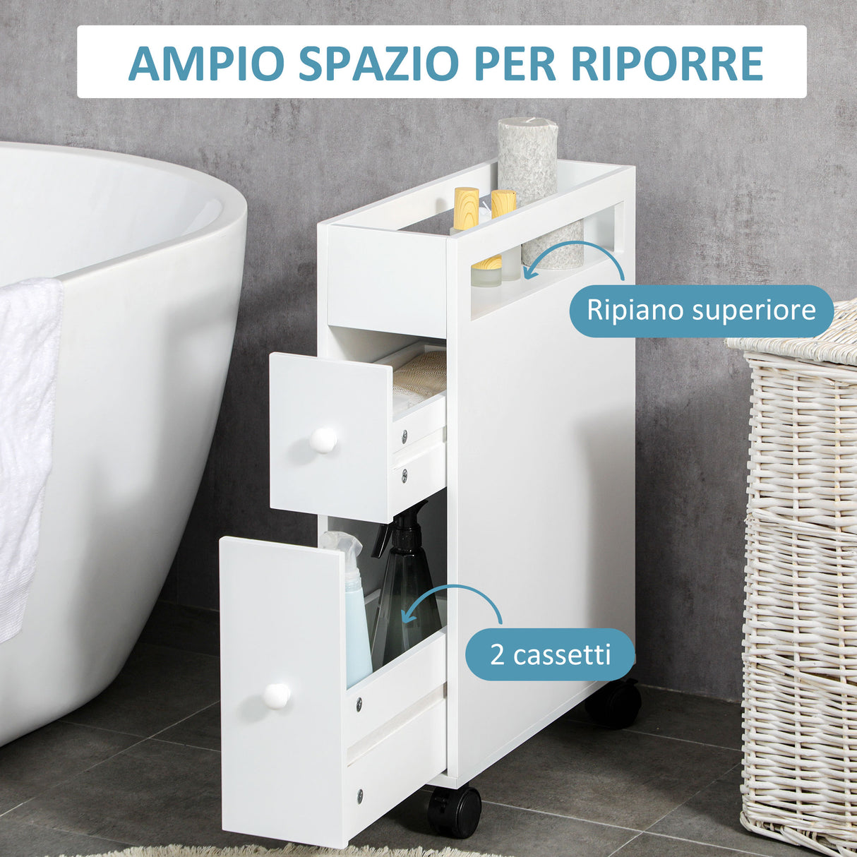 easycomfort easycomfort mobiletto salvaspazio bagno con 4 ruote 2 cassetti e ripiano aperto 16x49 5x66cm bianco