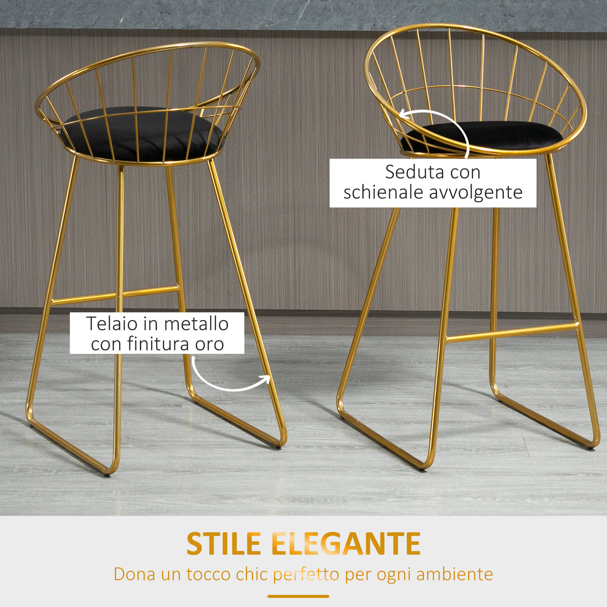 easycomfort easycomfort set 2 sgabelli da bar alti con schienale e poggiapiedi per salotto o cucina stile moderno cuscino in velluto e struttura in metallo 52 5x47x97cm nero e oro