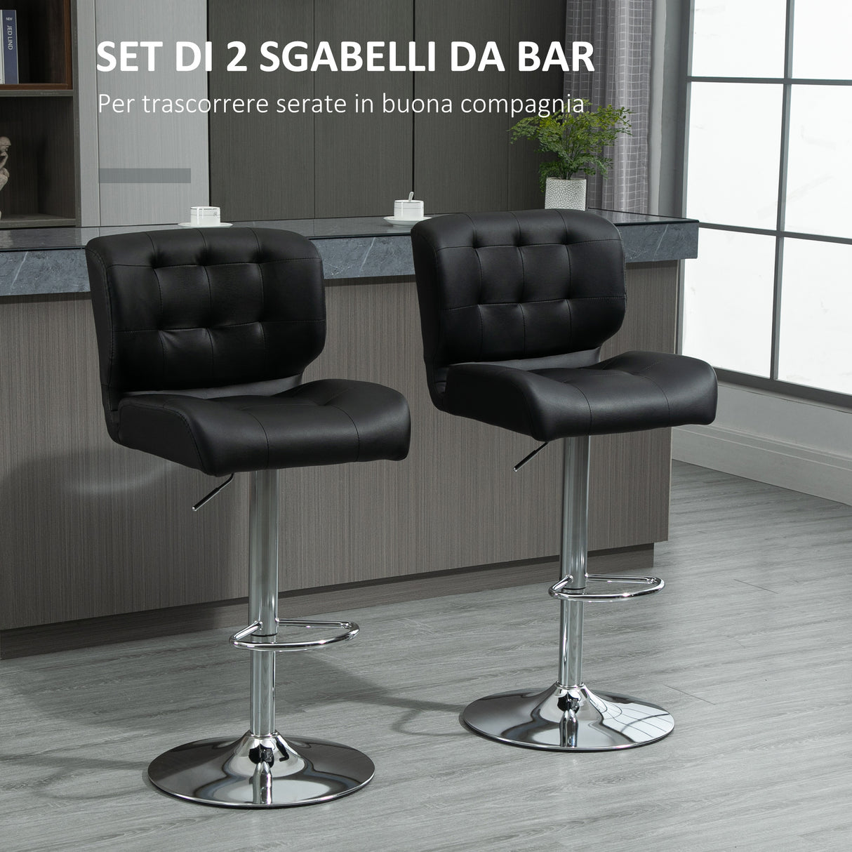 easycomfort easycomfort set 2 sgabelli da bar girevoli e imbottiti in pelle pu nera con schienale e poggiapiedi altezza regolabile per cucina o pub 50x55 5x93 114cm