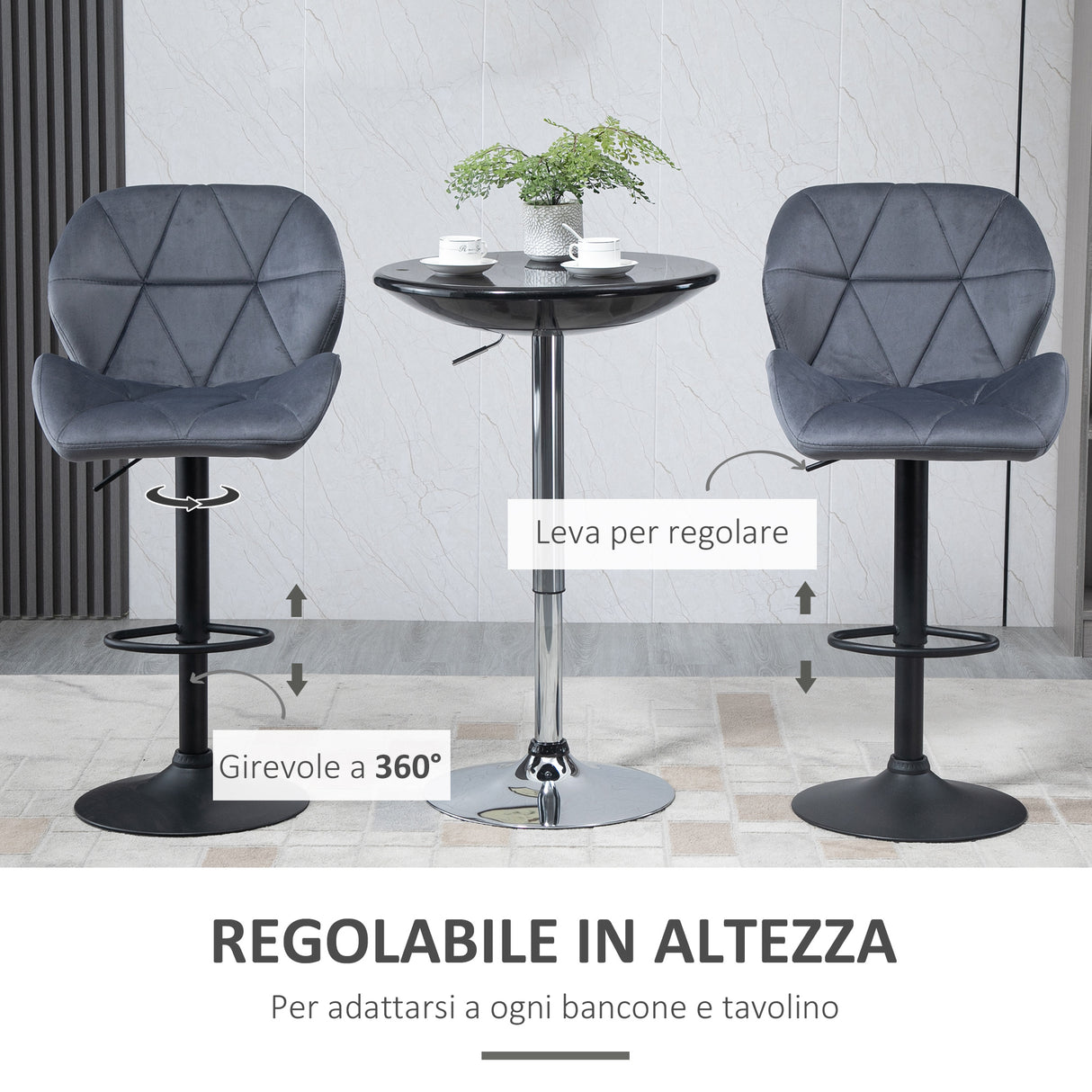 easycomfort easycomfort set 2 sgabelli da bar con altezza regolabile base in metallo seduta in velluto sgabelli cucina alti girevole con schienale e poggiapiedi 51 5x57 5x93 114 5cm grigio