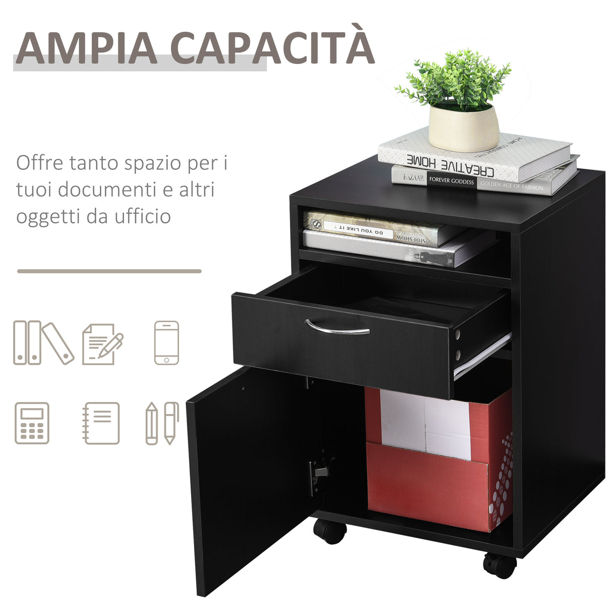 easycomfort easycomfort cassettiera portadocumenti da ufficio in legno nero con 2 cassetti 4 ruote ominidirezionali 40 x 35 x 60cm ean 8054111843461