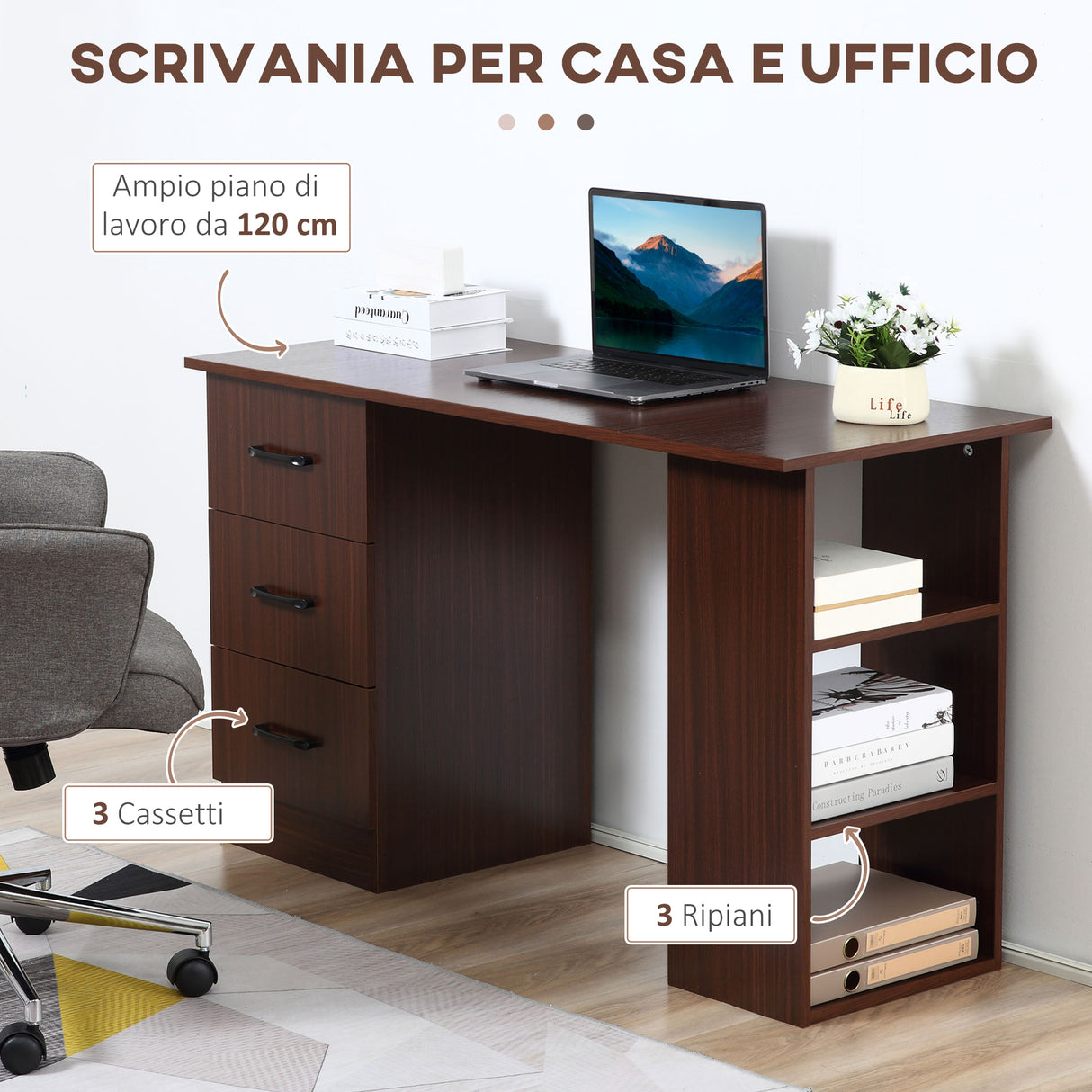 easycomfort easycomfort scrivania ufficio con 3 cassetti e 3 ripiani reversibili in legno 120x49x72cm noce