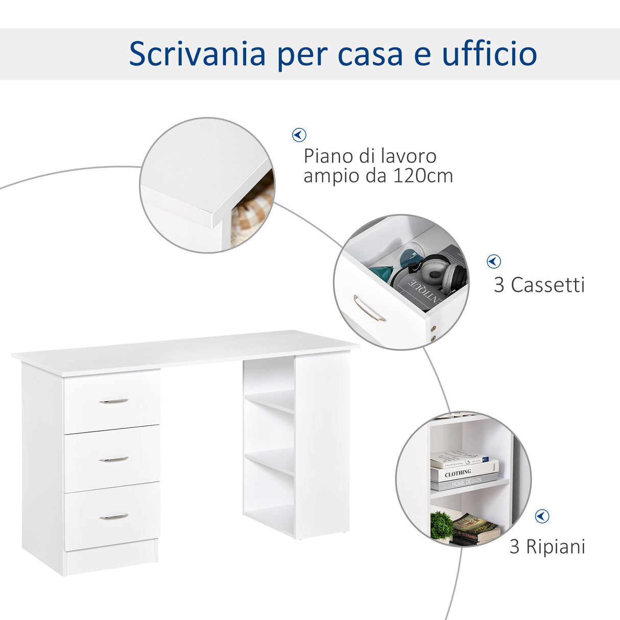 easycomfort easycomfort scrivania porta pc con 3 cassetti e 3 ripiani scrivania per camera e ufficio in legno 120x49x72cm bianco ean 8054111847582