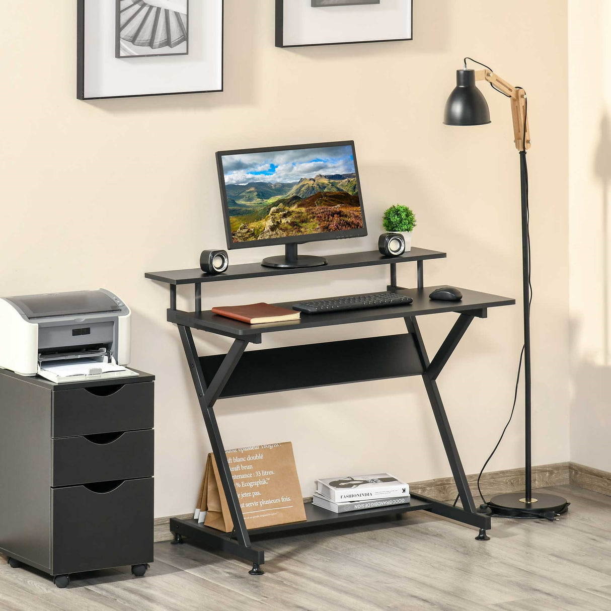 easycomfort easycomfort tavolo porta pc salvaspazio con ripiano monitor rialzato 100x60x85 5cm legno nero