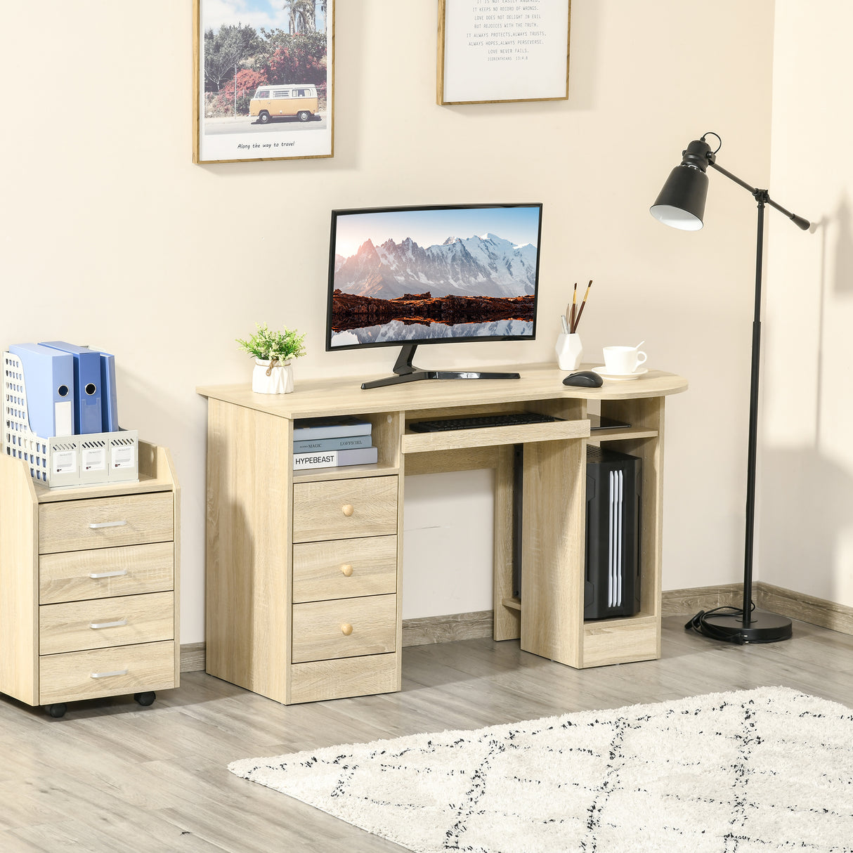 easycomfort easycomfort scrivania da pc per ufficio con scaffali cassetti e ripiano testiera in legno 125x60x74cm