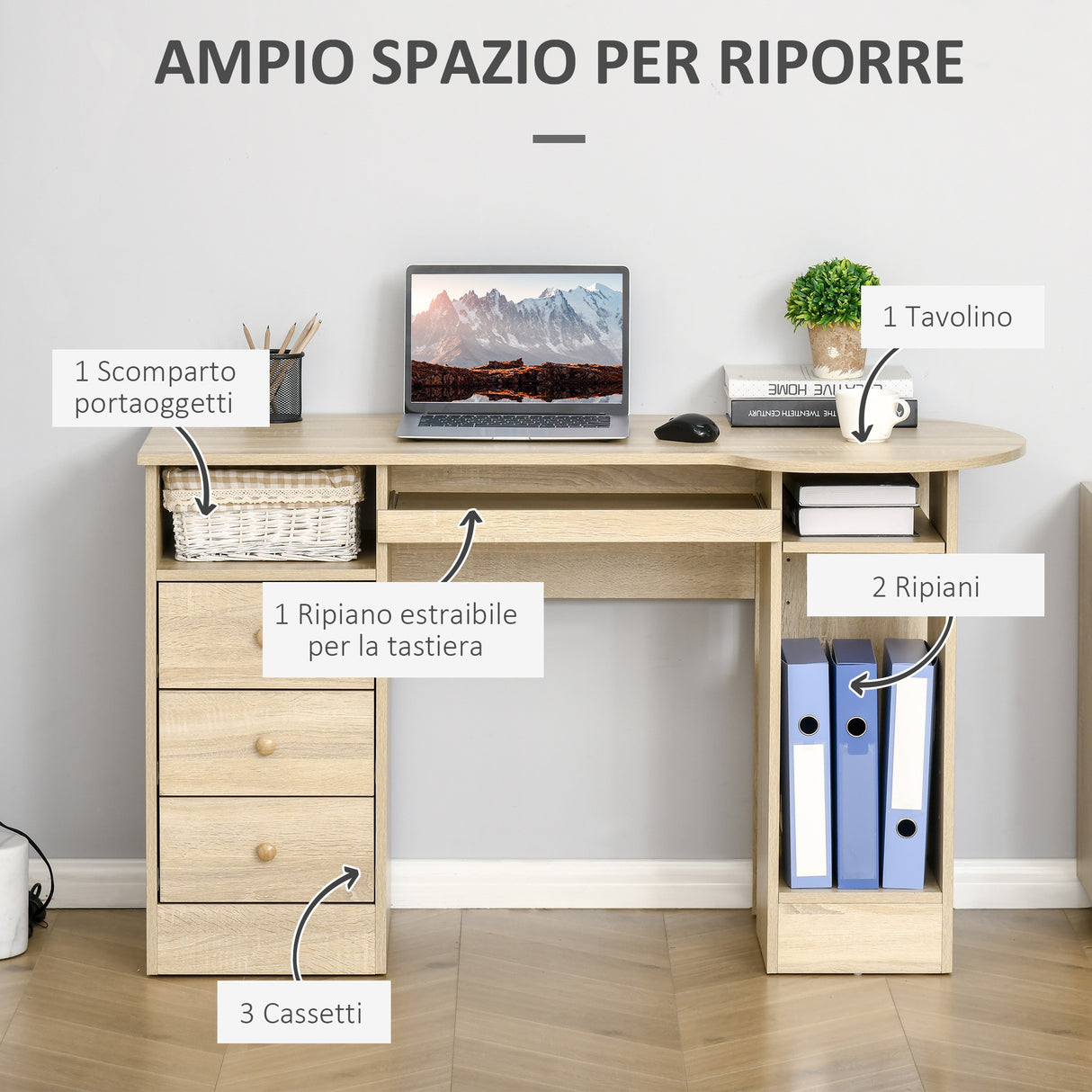 easycomfort easycomfort scrivania da pc per ufficio con scaffali cassetti e ripiano testiera in legno 125x60x74cm