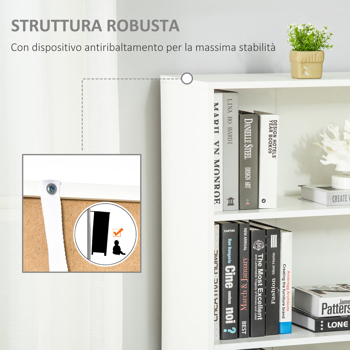 easycomfort easycomfort libreria moderna 4 ripiani con armadietto a 2 ante in legno 59x29x180cm bianca