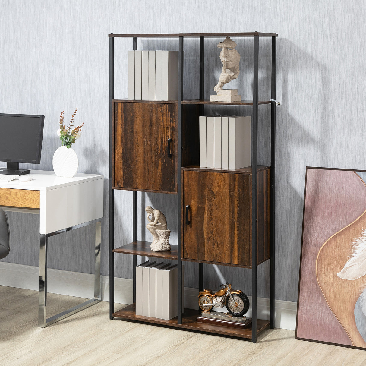 easycomfort easycomfort libreria stile industriale con 4 ripiani e 2 armadietti 90x30x159 5cm nero e marrone