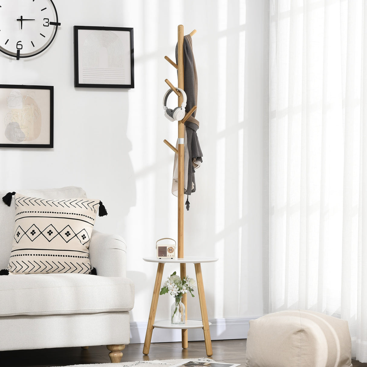 easycomfort easycomfort appendiabiti da terra per ingresso in mdf e alluminio con 5 ganci in bambu e tavolino rotondo 39 5x39 5x171 cm