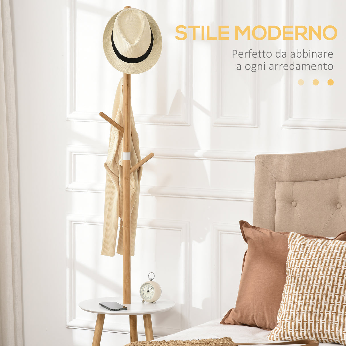 easycomfort easycomfort appendiabiti da terra per ingresso in mdf e alluminio con 5 ganci in bambu e tavolino rotondo 39 5x39 5x171 cm