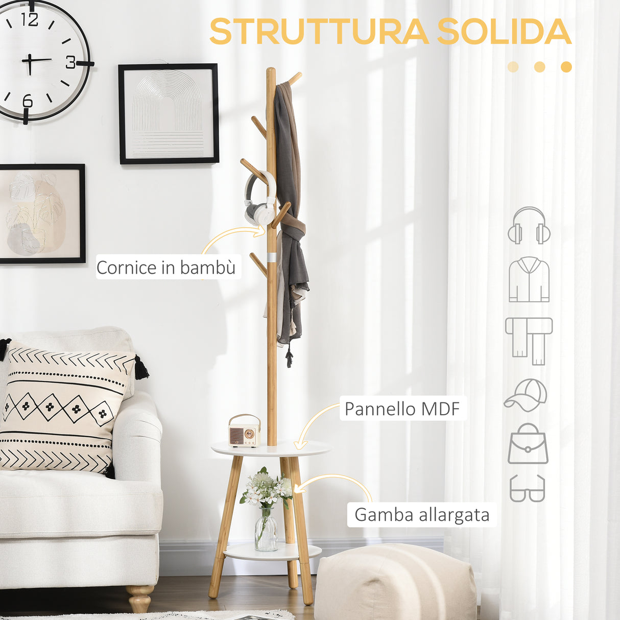 easycomfort easycomfort appendiabiti da terra per ingresso in mdf e alluminio con 5 ganci in bambu e tavolino rotondo 39 5x39 5x171 cm