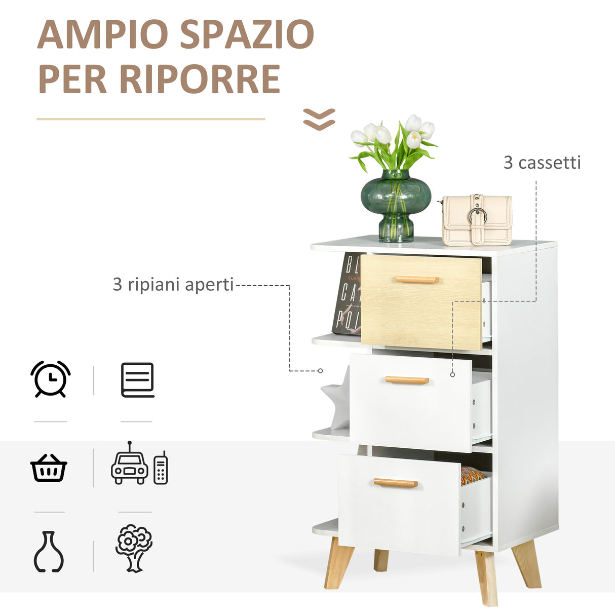 easycomfort easycomfort mobiletto multiuso con 3 ripiani aperti e cassetti mobile per soggiorno cucina ufficio in legno bianco 60x40x100cm