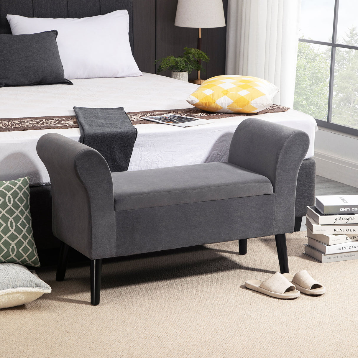 easycomfort easycomfort panca contenitore imbottita per camera in tessuto vellutato con braccioli 111 5x41x65cm grigio