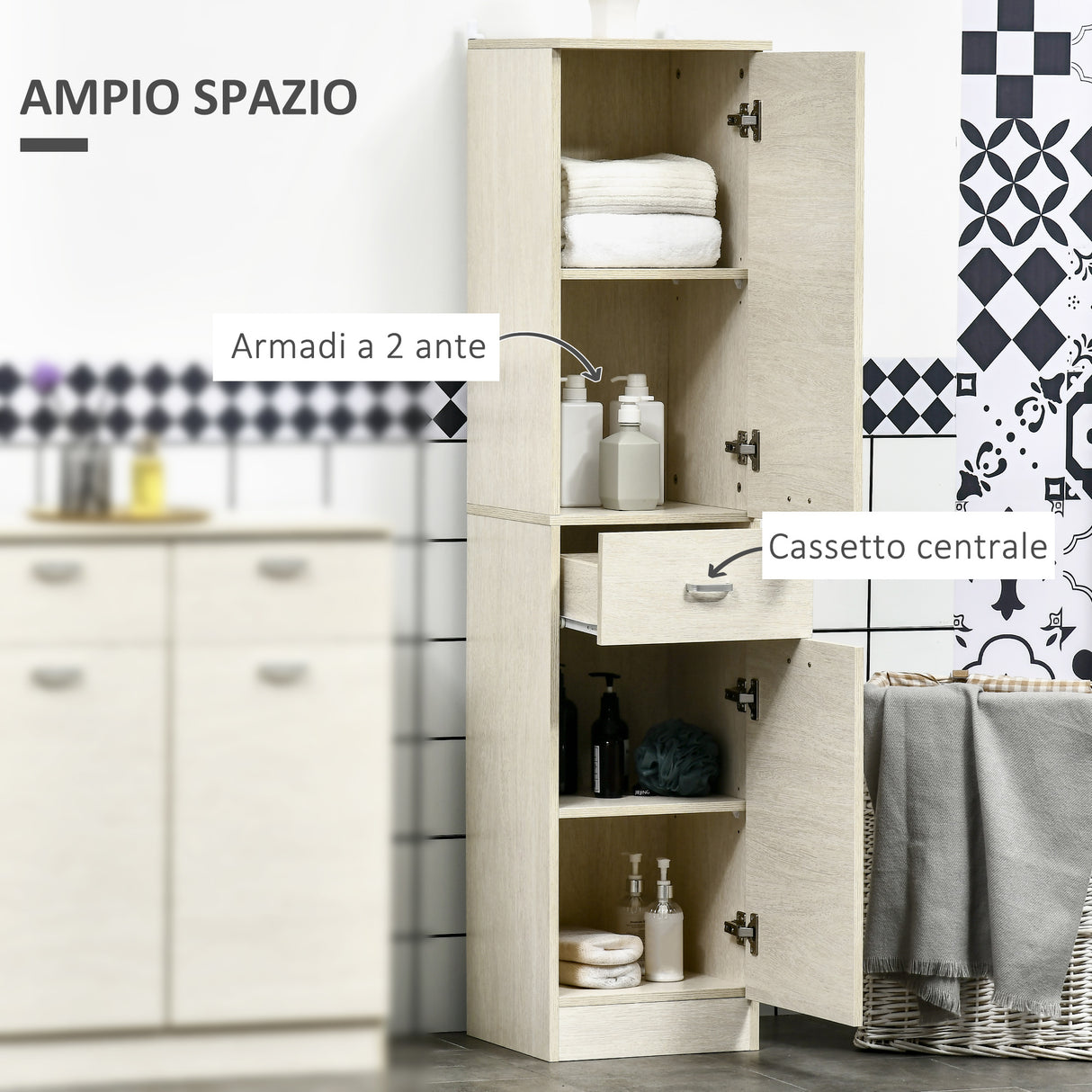 easycomfort easycomfort mobile bagno in legno con cassetto 2 armadietti e ripiani regolabili 34x34x150 cm color legno