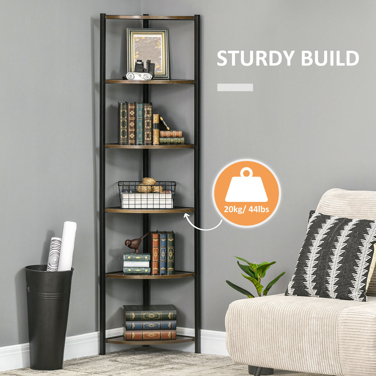 easycomfort easycomfort libreria moderna angolare a 6 ripiani in metallo e mdf 34x34x166cm marrone e nero