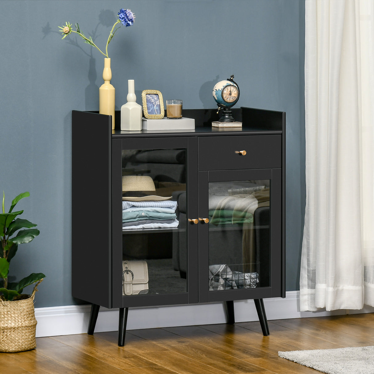 easycomfort easycomfort armadietto due ante con ripiano regolabile e spazi aperti in mdf e legno 80x40x94 3 cm nero