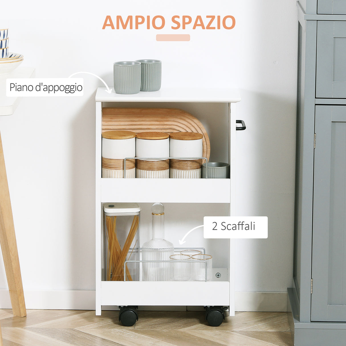 easycomfort easycomfort carrello salvaspazio multiuso in legno mdf e ruote 42 5x20 3x66 7cm bianco