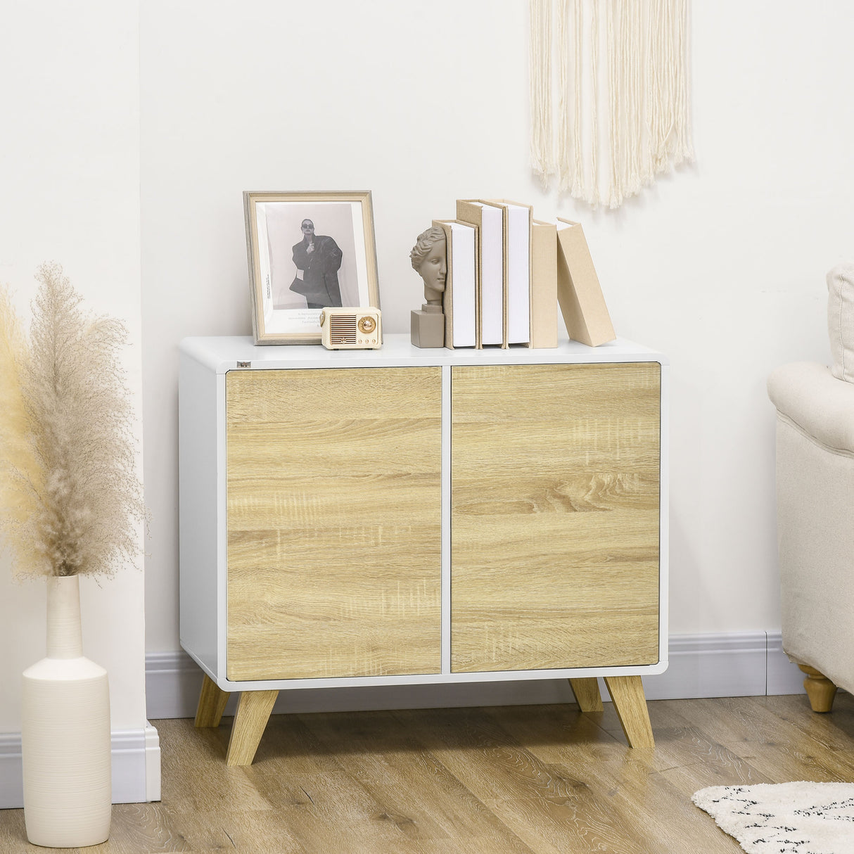 easycomfort easycomfort mobile multiuso con 2 ante a pressione e mensole regolabili in legno 80x40x70cm bianco e quercia