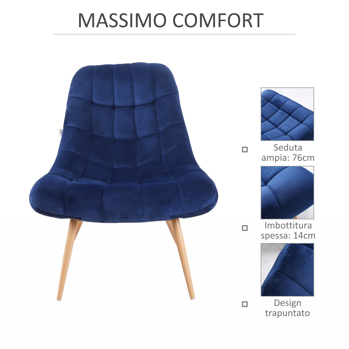 easycomfort easycomfort poltrona moderna e imbottita poltroncina da camera con seduta extra large in tessuto blu 71x85x84cm