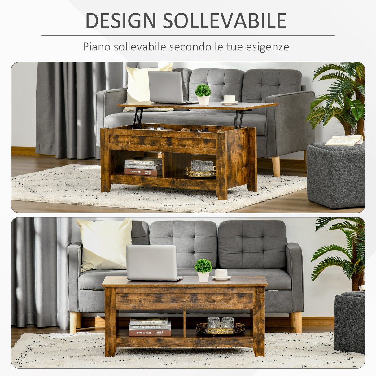 easycomfort easycomfort tavolino da salotto in stile industriale con vano contenitore e piano sollevabile in legno marrone rustico