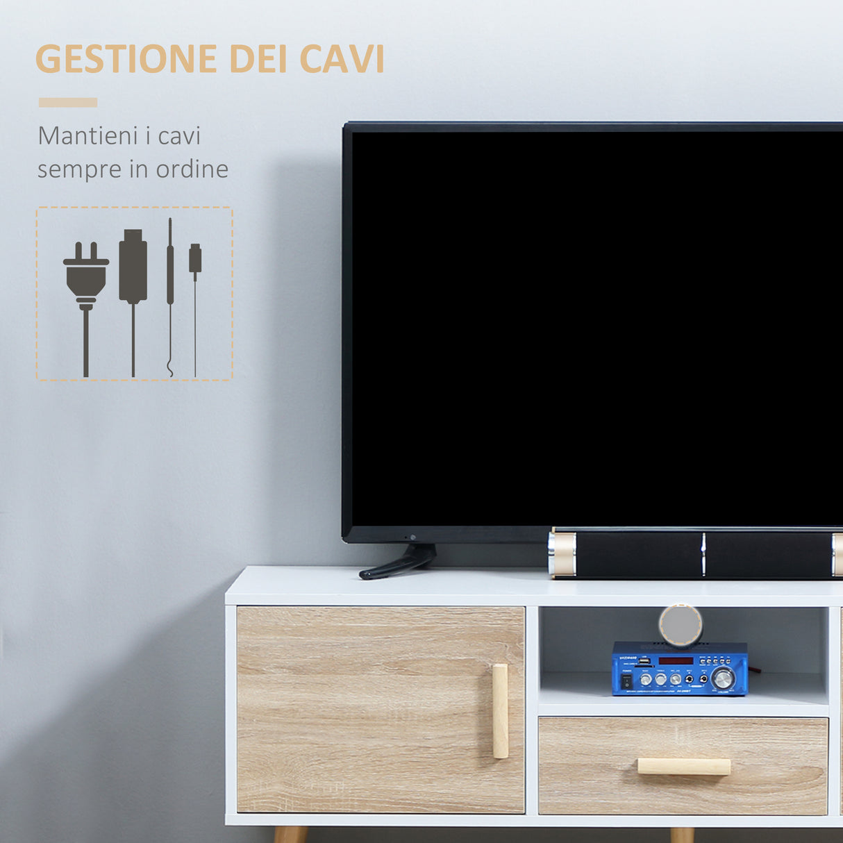 easycomfort easycomfort mobile tv basso per tv max 46 con ripiano aperto cassetto e 2 armadietti in truciolato e pino 140x40x55 3 cm