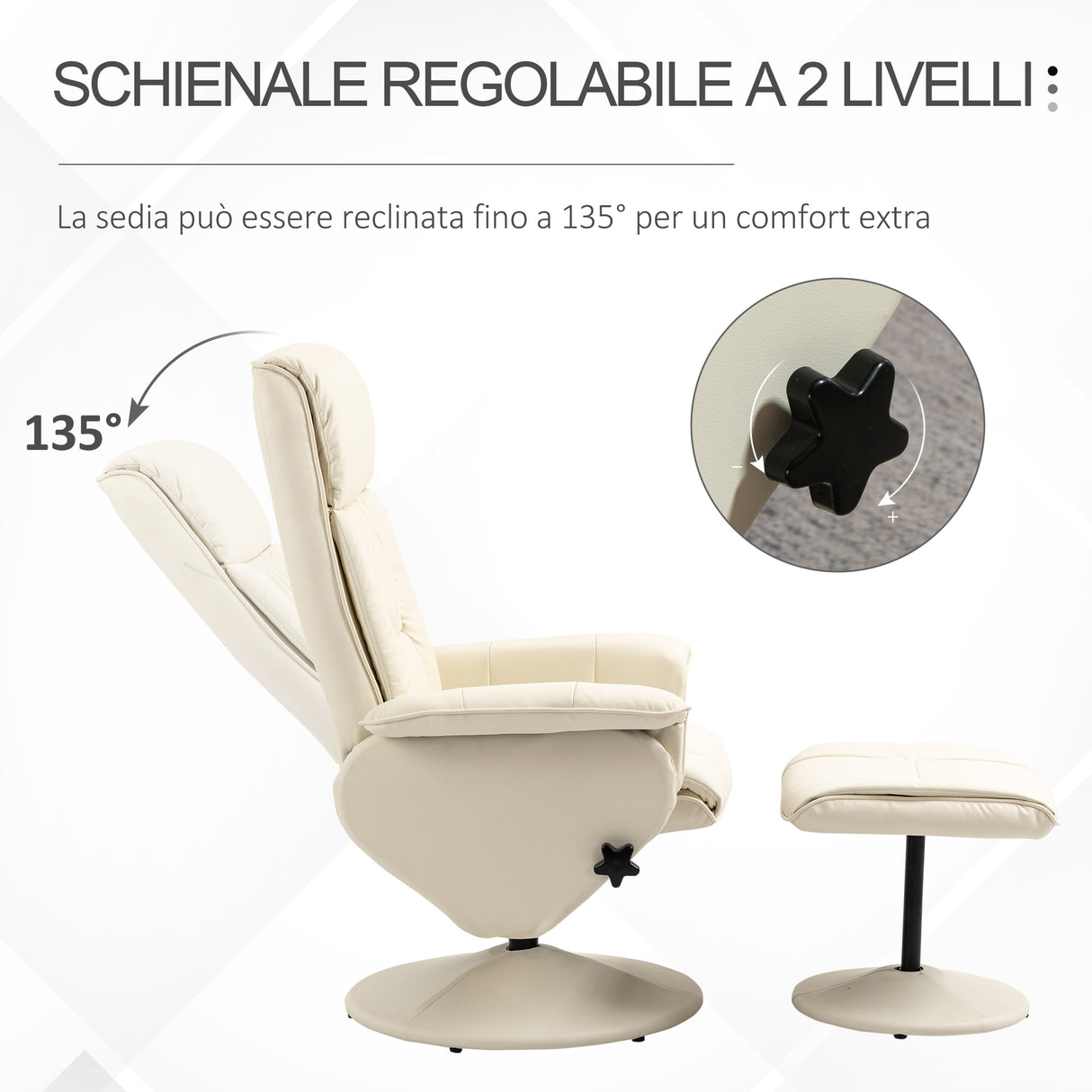 easycomfort easycomfort poltrona relax reclinabile fino 135 con seduta girevole e pouf poggiapiedi 78x84x110cm crema