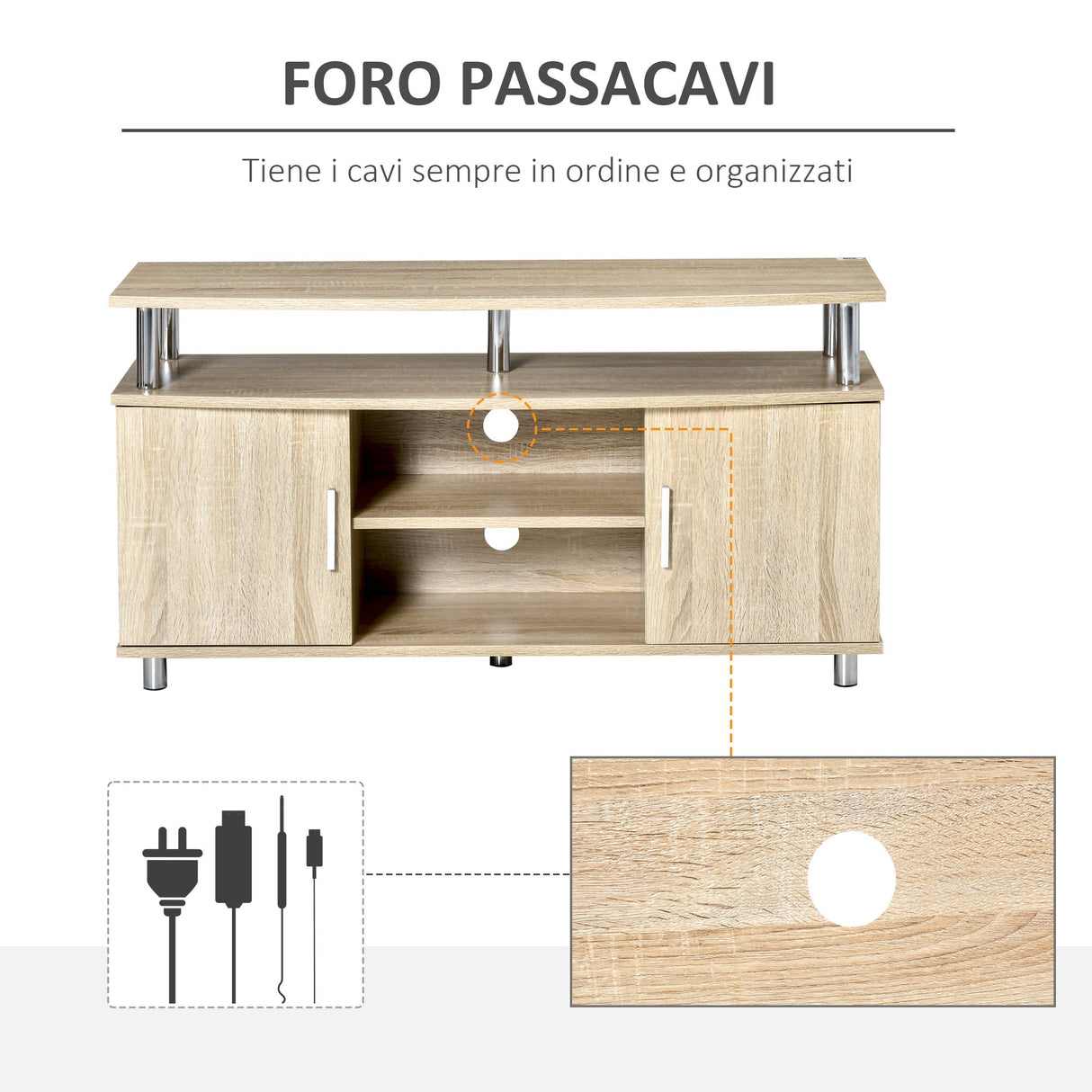 easycomfort easycomfort mobile tv moderno con 2 ripiani fori passacavi e 2 armadietti in mdf 105x40x55cm rovere