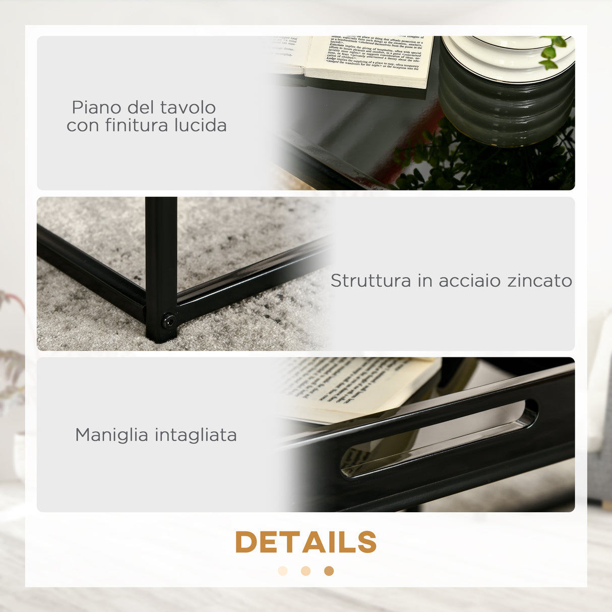 easycomfort easycomfort set da 2 tavolini da caffe impilabili con finitura lucida e telaio in acciaio nero