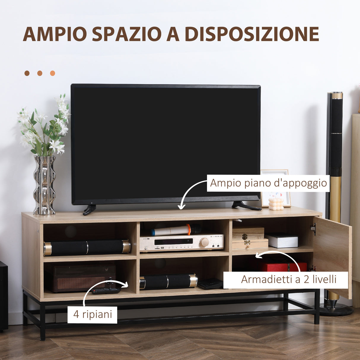 easycomfort easycomfort mobile tv moderno per tv max 60 in mdf e acciaio con 4 ripiani aperti e armadietto a 2 livelli 140x40x55 3 cm