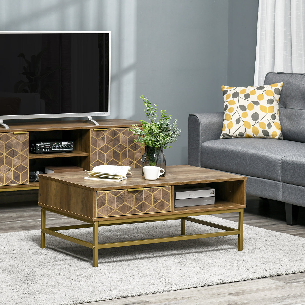 easycomfort easycomfort tavolino da salotto rettangolare con cassetto e 2 ripiani aperti 100x59x42 8cm