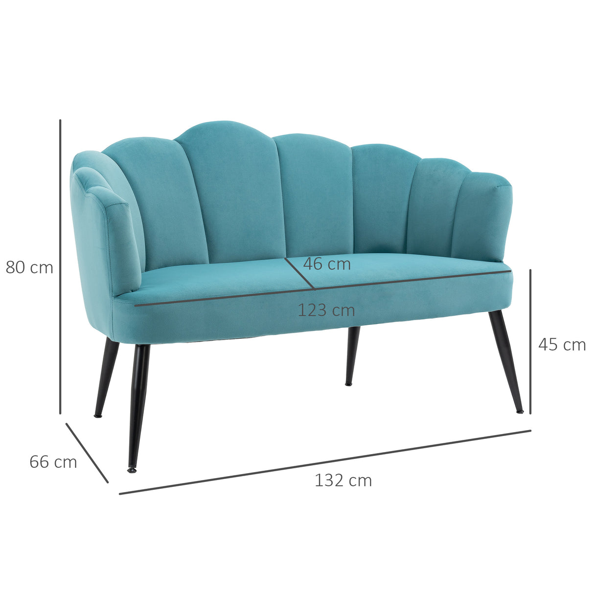 easycomfort easycomfort divano 2 posti in velluto con gambe in metallo e schienale a conchiglia 132x66x80cm verde