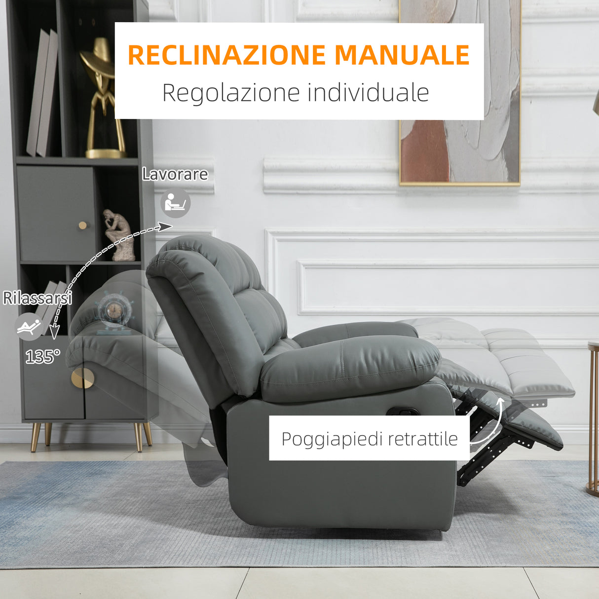 easycomfort easycomfort divano 2 posti reclinabile e imbottito con schienale diviso e poggiapiedi 168x98x102 cm grigio