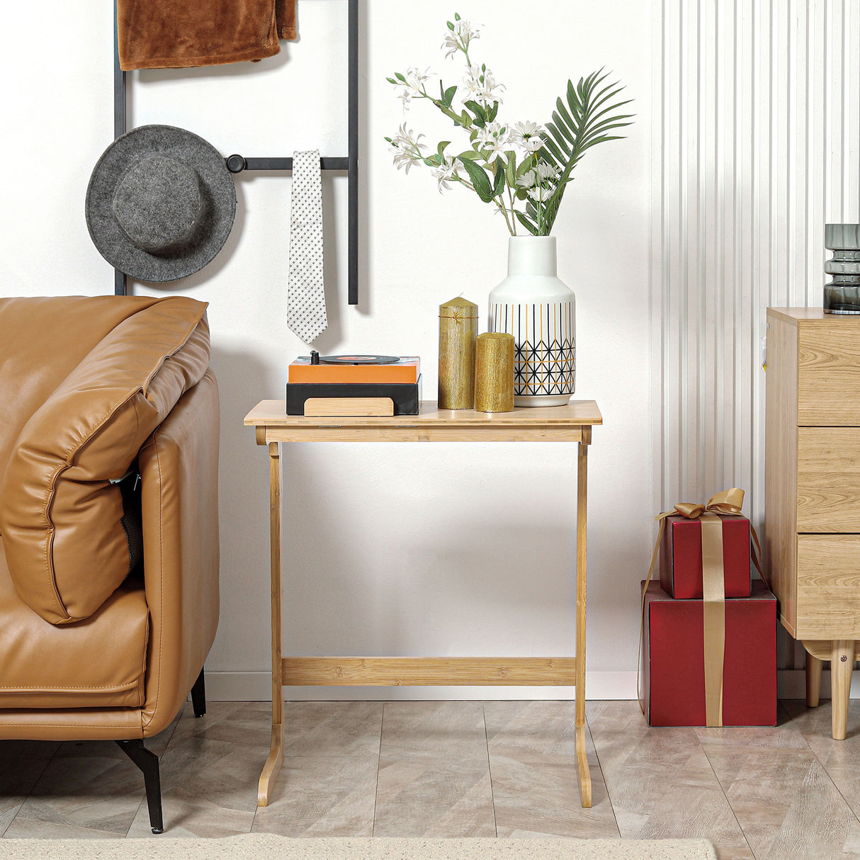 easycomfort easycomfort tavolino da divano a forma di c in legno di bambu con piano inclinabile su 5 livelli 60x33x67cm