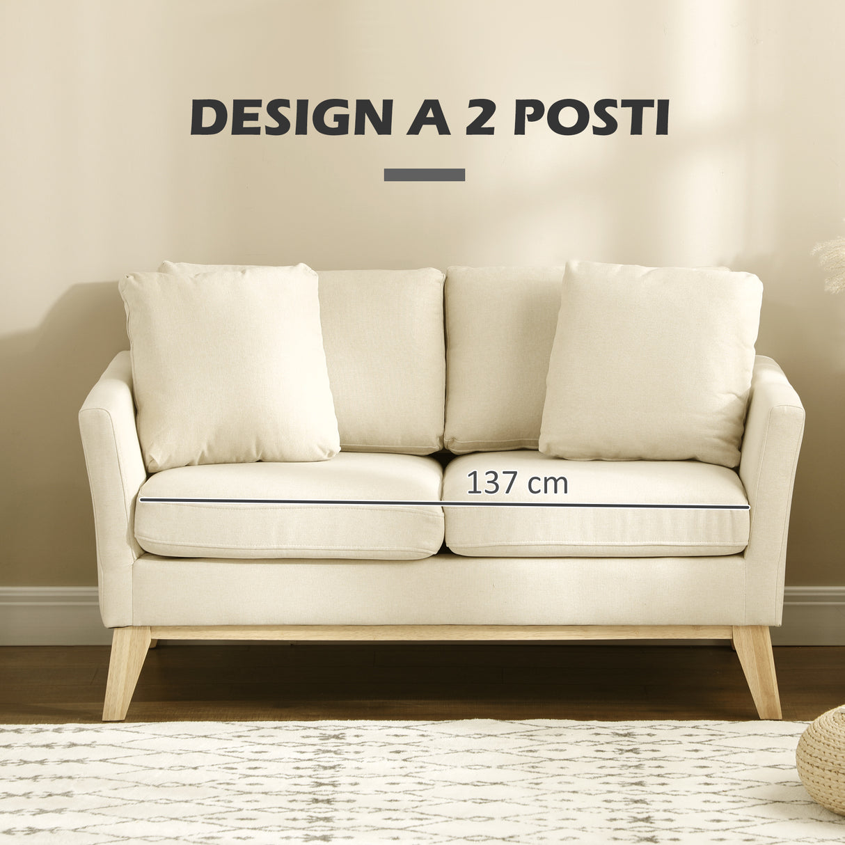 easycomfort easycomfort divano da 2 posti in legno di eucalipto e tessuto effetto lino con 2 cuscini 137x78x78 cm beige