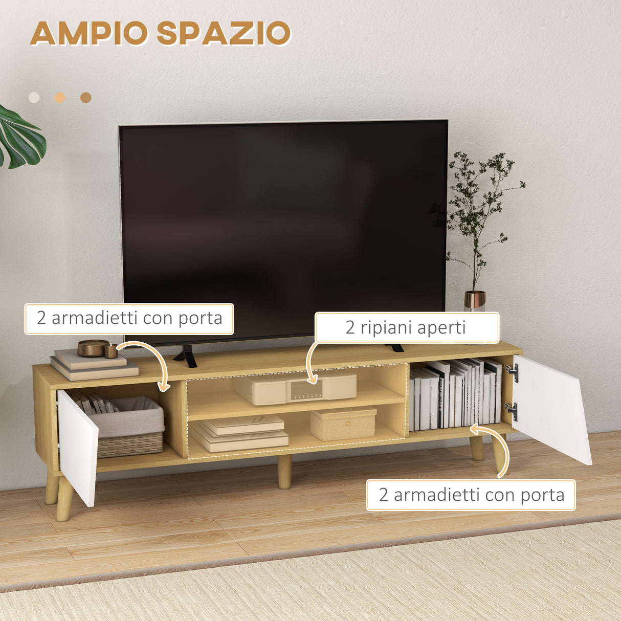 easycomfort easycomfort mobile porta tv fino 65 con armadietti e ripiani aperti 150x30x42cm bianco e legno