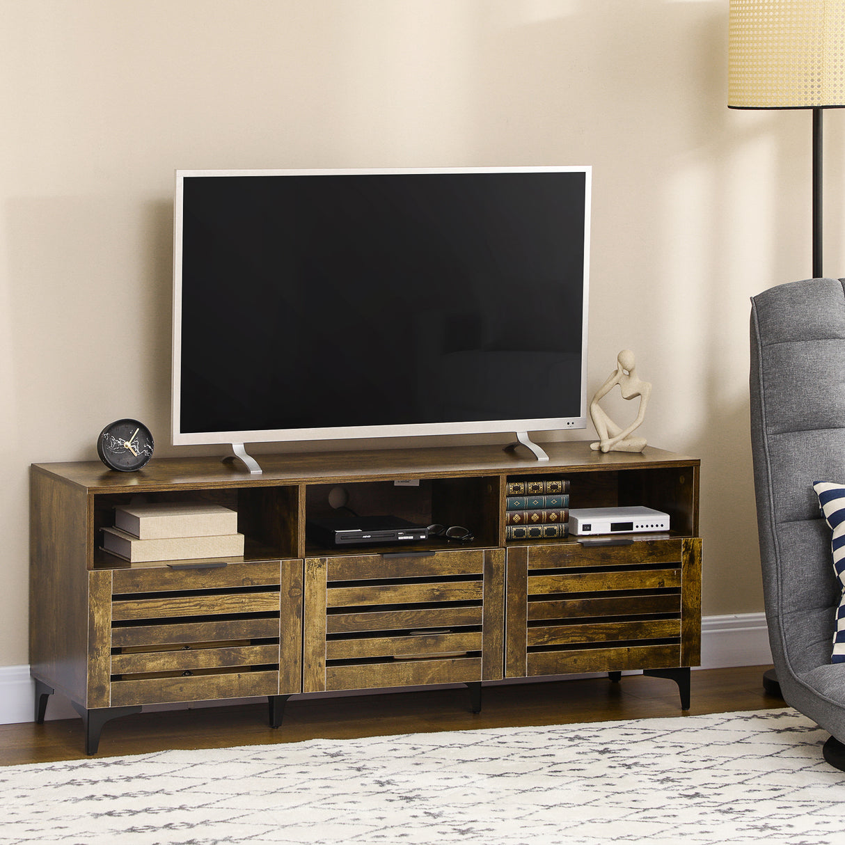 easycomfort easycomfort mobile tv 65 max con 3 cassetti 2 armadietti e foro passacavi in truciolato 140 4x36x55 cm marrone