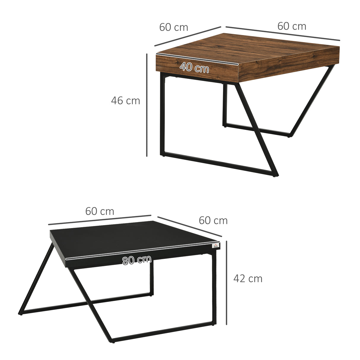 easycomfort easycomfort set 2 tavolini da caffe in truciolato e acciaio tavolo nero 80x60x42 cm e tavolo marrone 60x60x46 cm