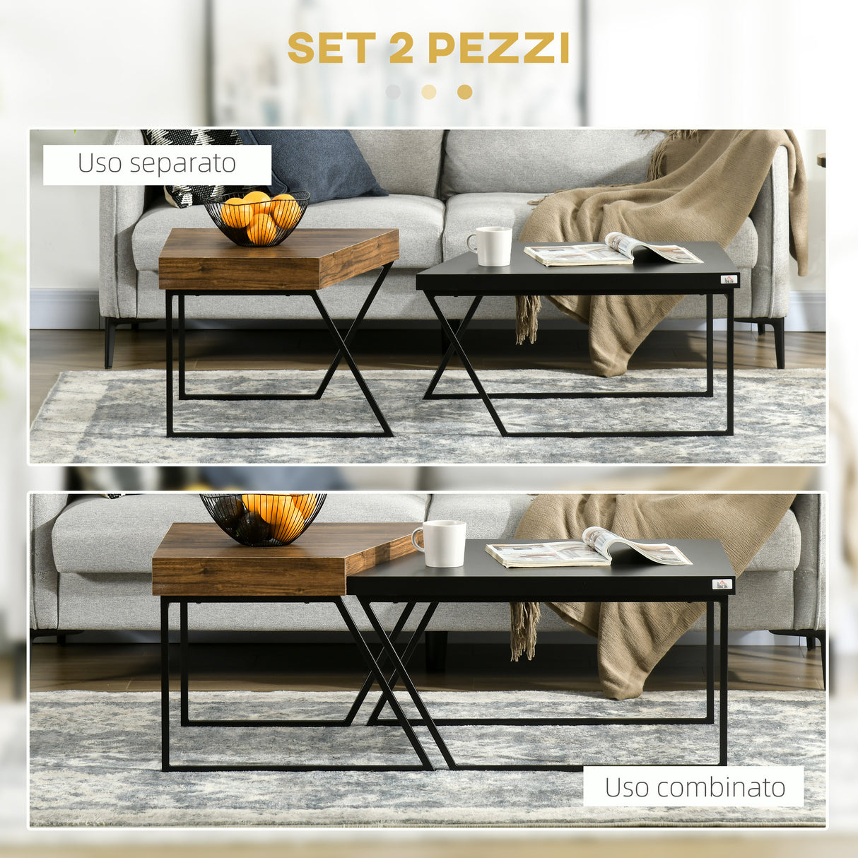 easycomfort easycomfort set 2 tavolini da caffe in truciolato e acciaio tavolo nero 80x60x42 cm e tavolo marrone 60x60x46 cm