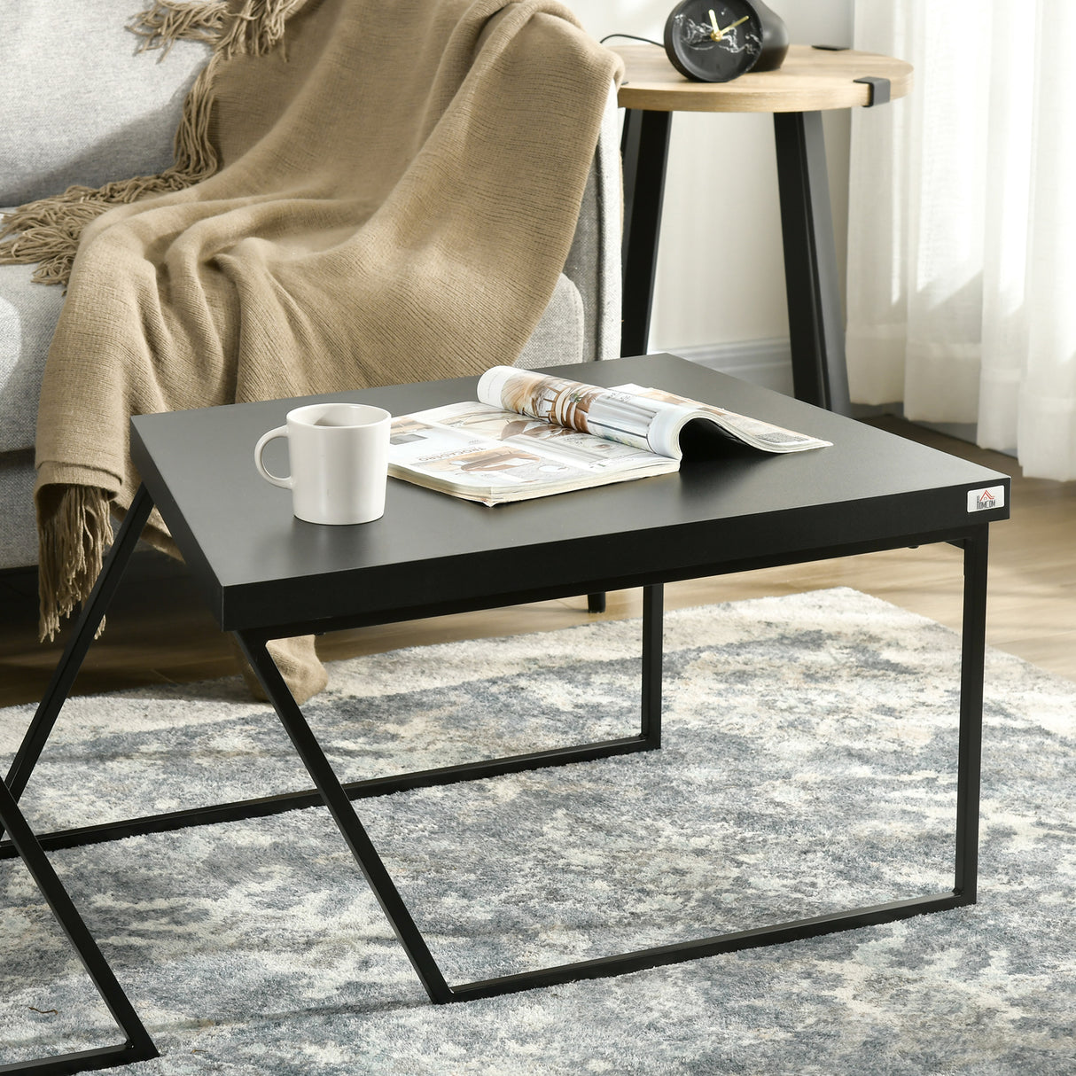 easycomfort easycomfort set 2 tavolini da caffe in truciolato e acciaio tavolo nero 80x60x42 cm e tavolo marrone 60x60x46 cm